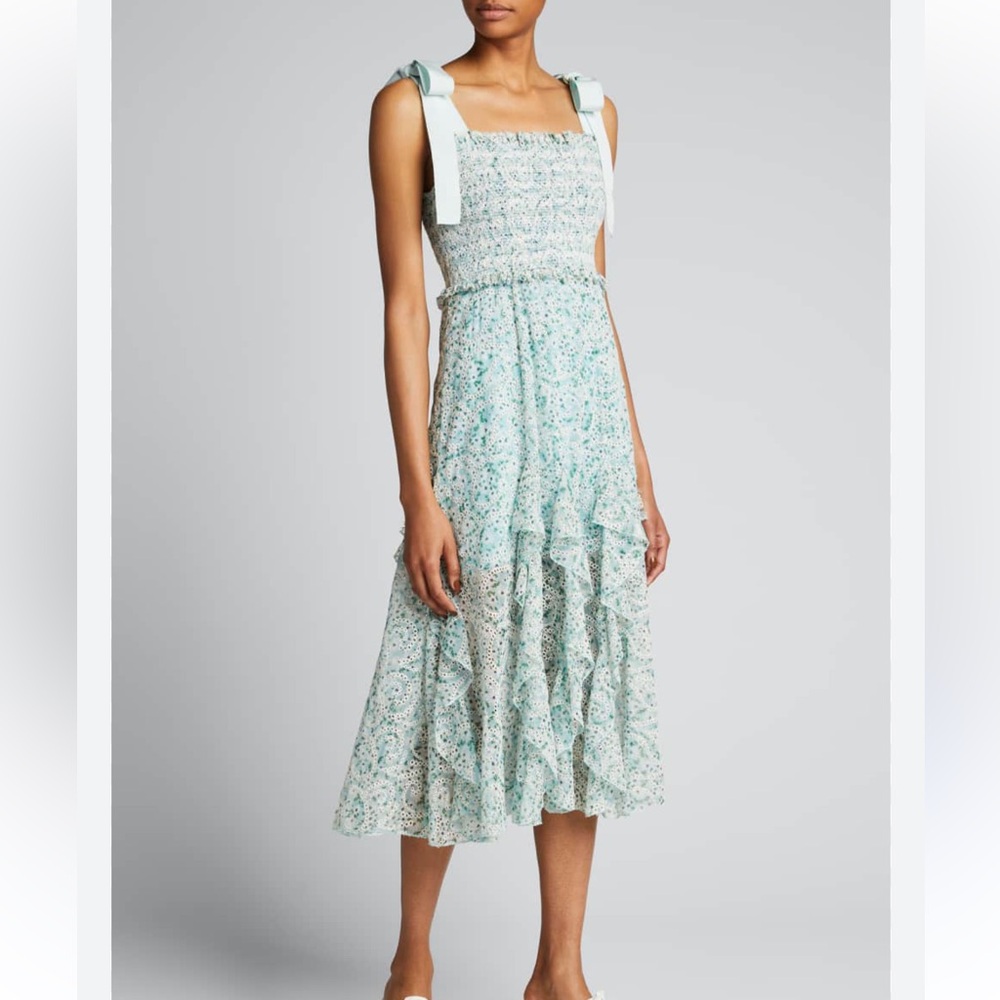 NWT ALICE + OLIVIA Jocelyn Floral Print Bow-Strap Smocked Midi Dress + Bonus